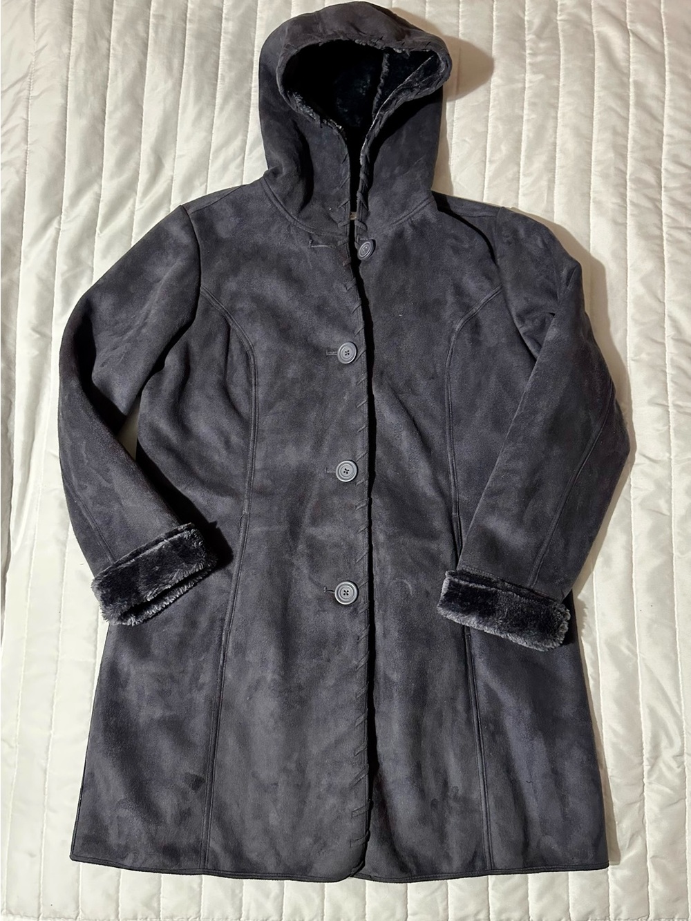 Women's Hooded Black Faux-Suede Trench Coat with Faux-Fur Trim
